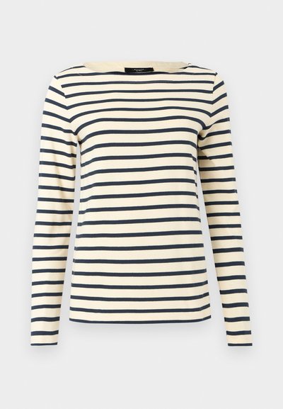Μπλούζα εκρού με μακριά μανίκια και οριζόντιες ναυτικού μπλε ρίγες, στρογγυλή λαιμόκοψη και ίσιο τελείωμα.