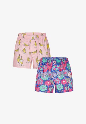 Zwei Paare Boxershorts, eine rosa mit gelben Comic-Bananen und eine blaue mit bunten Blumen und Schmetterlingen, beide mit elastischem Bund.