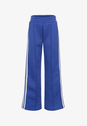 Blauwe joggingbroek met een wijdere pijp, een elastische tailleband, twee zijzakken en witte strepen aan de zijkant voor contrast.