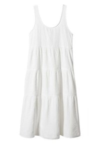 Abito estivo in cotone bianco con scollo rotondo, design senza maniche, orlo a volant a strati e tessuto strutturato per una maggiore profondità.