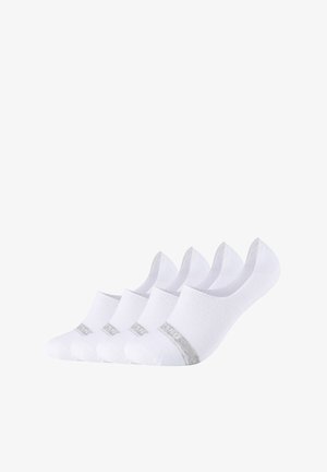 Białe skarpetki za kostkę o prążkowanej strukturze i szarej gumce. Zestaw czterech par w niskim kroju, idealnych do noszenia pod ubraniami.