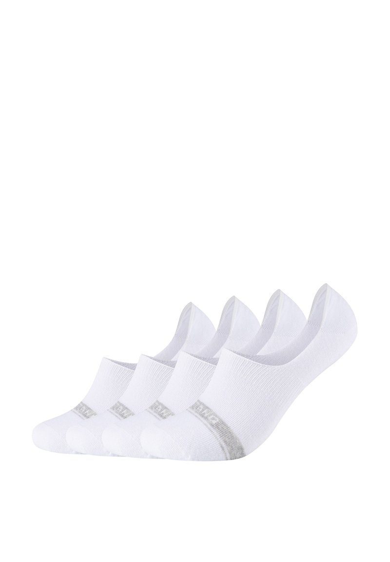 Weiße Knöchelsocken mit gerippter Textur und grauem Gummiband. Set aus vier Paaren mit einem tiefen Schnitt für verstecktes Tragen.