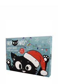 Box dell'Avvento con un gatto nero che indossa un cappello di Babbo Natale su uno sfondo azzurro chiaro, con porte numerate e disegni di fiocchi di neve.