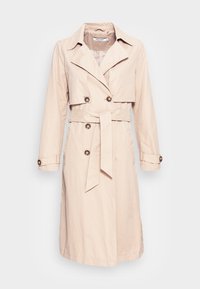 Beige trenčkot vyrobený z lehké látky, s dvouvrstvým designem, límcem, páskem v pase a knoflíkovými manžetami.