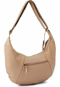 Borsa a tracolla in pelle beige con forma arrotondata, superficie testurizzata e tasca con zip nella parte frontale. Tracolla larga e regolabile per il comfort.