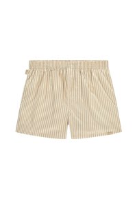 Shorts a righe in cotone beige chiaro e crema. Presentano un elastico in vita e due tasche laterali. Texture morbida con un motivo sottile.