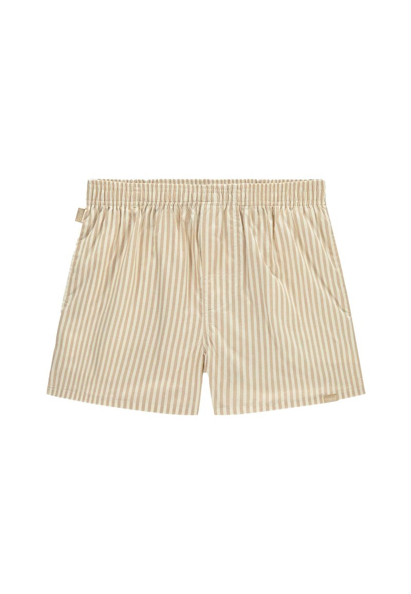 Shorts a righe in cotone beige chiaro e crema. Presentano un elastico in vita e due tasche laterali. Texture morbida con un motivo sottile.