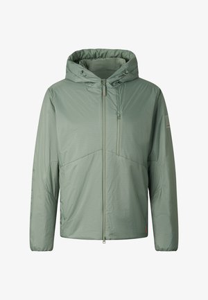 Light green full-zip hooded jacket with elastic cuffs and a vertical zip pocket on the left chest, designed for cold weather.