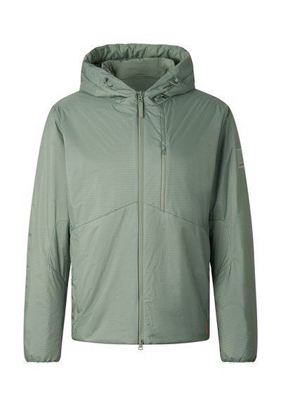 Light green full-zip hooded jacket with elastic cuffs and a vertical zip pocket on the left chest, designed for cold weather.