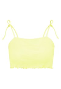 Top corto amarillo con canalé y tirantes spaghetti ajustables, con un dobladillo con volantes. Hecho de una tela suave, adecuado para usar en clima cálido.