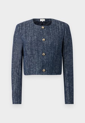 Cropped navy blue jacket made of textured fabric, featuring a round neckline, gold buttons, and long sleeves with a structured fit.