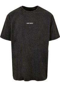 Black cotton t-shirt with a loose fit, crew neckline, short sleeves, and white "LOST YOUTH" text printed on the front.