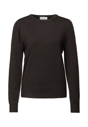 Dark brown sweater made of soft knit fabric. Features a round neckline, long sleeves, and subtle gathering at the shoulders.