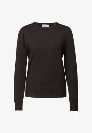Dark brown sweater made of soft knit fabric. Features a round neckline, long sleeves, and subtle gathering at the shoulders.