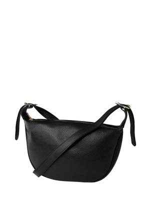 Black leather crossbody bag with a textured finish, zip closure, and two adjustable straps. Compact, rounded shape with gold accents.