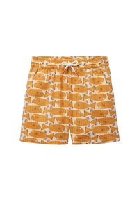 Shorts de bain en tissu léger, avec un motif de poissons orange sur fond beige, dotés d'une taille élastique et d'un cordon de serrage.
