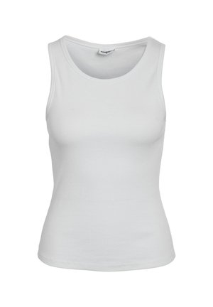 Bijela bezrukavna majica od rebrastog materijala. Ima okrugli izrez i uski kroj. Glatka tekstura bez vidljivih uzoraka.