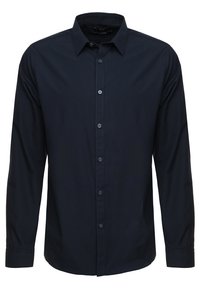 Granatowa koszula z długim rękawem wykonana z gładkiej mieszanki bawełny, z zapięciem na guziki z przodu, kołnierzykiem w szpic i standardowymi mankietami.