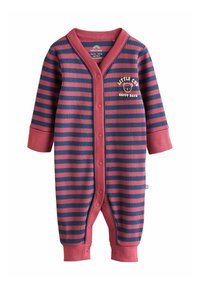 Gestreifter Einteiler in Marineblau und Burgunderrot, mit Druckknopfverschluss, kontrastierendem Kragen und besticktem Design "Little Cub Happy Days".