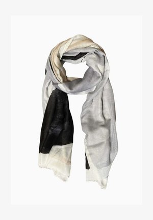 Sciarpa leggera con motivi astratti in nero, bianco, beige e grigio, textura morbida e bordi sfrangiati, drappeggiata con leggerezza.