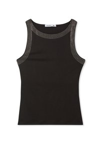 Czarny bezrękawnik z gładką fakturą i metalicznymi akcentami wzdłuż dekoltu i otworów na ramiona. Wykonany z elastycznego materiału.