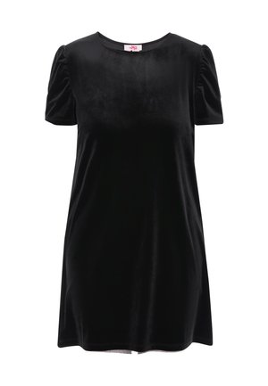 Juodas aksominis suknelė su trumpomis pūkuotomis rankovėmis ir apvalia iškirpte. Minkšta tekstūra ir laisvas siluetas, baigiasi virš kelių.