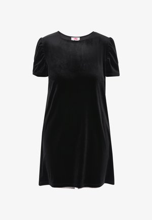 Czarna aksamitna sukienka z krótkimi, bufiastymi rękawami i okrągłym dekoltem. Miękka tekstura i luźny krój, kończący się powyżej kolana.