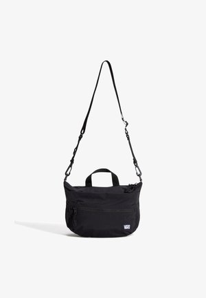 Borsa a tracolla nera in nylon con tracolla regolabile, manico superiore, due tasche con cerniera e logo Vans. Design compatto con texture morbida.