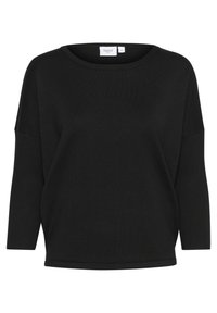 Czarny, oversize sweter o prążkowanej fakturze, szerokim okrągłym dekolcie i rękawach 3/4. Widoczna metka z marką "Saint" i rozmiarem "M".