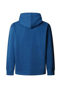 Blauer Hoodie mit langen Ärmeln und gerippten Bündchen, von hinten auf weißem Hintergrund dargestellt.