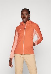 Hooded jacket featuring a dark coral body with light coral sleeves, zip closure, textured design, and side pockets.