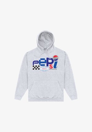 Světle šedá mikina s kapucí s výrazným, barevným logem Pepsi, které zahrnuje stylizovaný text, kostkovaný vzor, globus a slogan "Chyťte ducha Pepsí."