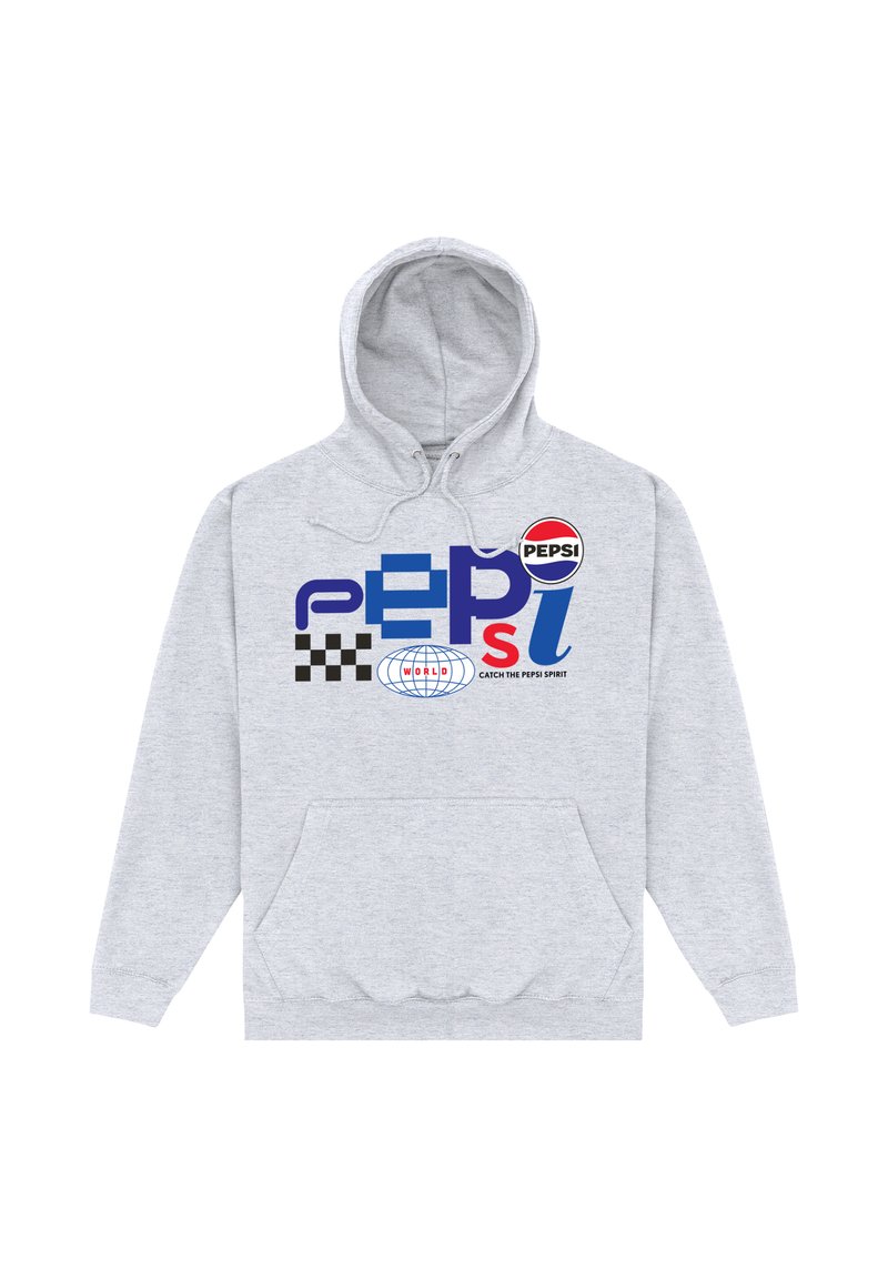 Felpa con cappuccio grigia chiara con logo Pepsi audace e colorato, comprensivo di testo stilizzato, motivo a scacchi, mappamondo e slogan "Cattura lo Spirito Pepsi."