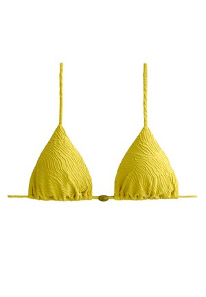 Top bikini triangolo giallo con tessuto testurizzato, lacci regolabili e una perla decorativa centrale, con dettagli arricciati lungo i bordi.