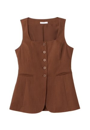 Gilet marrone senza maniche con scollatura quadrata, cinque bottoni frontali, due tasche laterali e un design strutturato. Realizzato in tessuto liscio.
