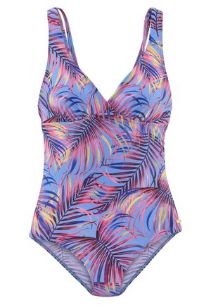 Eén stuk badpak in het blauw met een levendig palmbladpatroon in roze, geel en groen. Beschikt over een v-hals en verstelbare bandjes. Zacht, rekbaar materiaal.