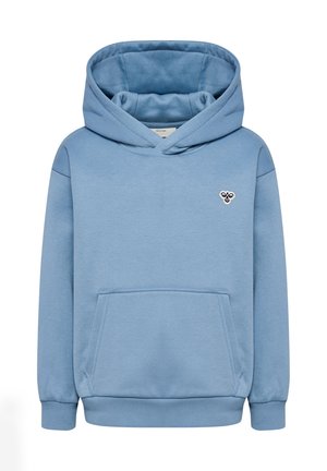Lyseblå hættetrøje med kængurulomme og lille bi-logo på venstre bryst.