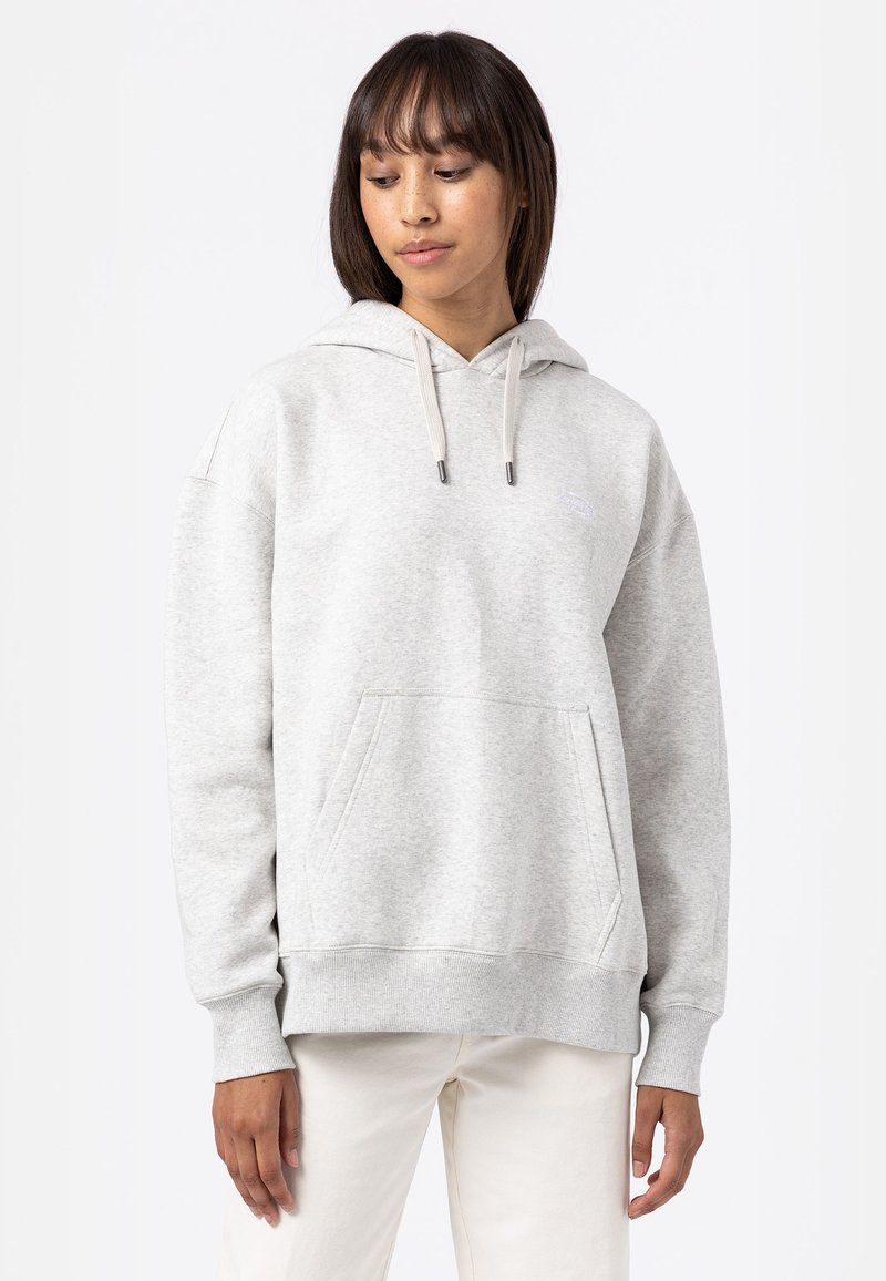 Gray hooded sweatshirt with a front pocket, drawstring closure, and ribbed cuffs. Soft texture, relaxed fit, minimal branding on the chest.
