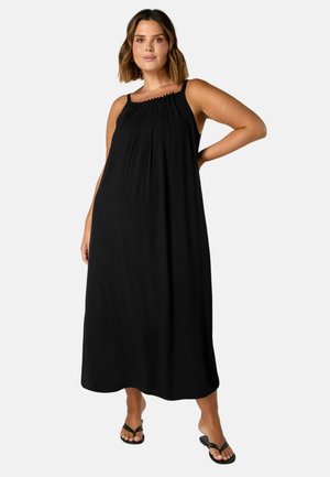 Abito maxi senza maniche di colore nero con dettagli arricciati sul collo; design fluido, tessuto leggero e taglio alla caviglia.