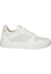 Weiße Ledersneaker mit glatter Textur, genähten Details, runder Zehenpartie und leicht erhöhten Gummisohlen. Akzentuiert mit hellgrauen Einsätzen.