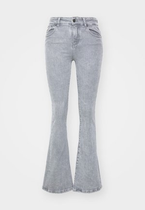 Gray flared jeans made of denim with a smooth texture, featuring a high waist, five pockets, and a button closure.