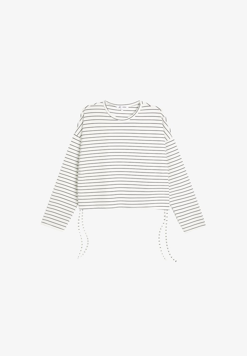 Weißes Langarmoberteil mit schwarzen horizontalen Streifen. Mit rundem Halsausschnitt und verstellbaren Kordeln am verkürzten Saum. Weicher Stoff.