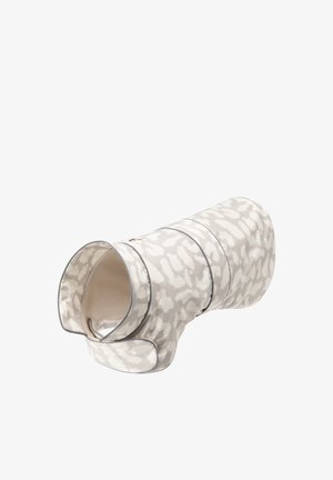 Tunel dla małego zwierzaka w beżowo-biały abstrakcyjny wzór, miękka wyściółka wewnętrzna i okrągłe wejście.