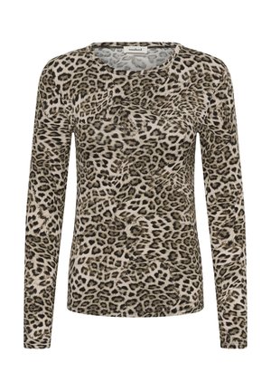 Top de manga larga con cuello redondo, estampado de leopardo en beige y marrón, ajuste entallado y tejido suave.