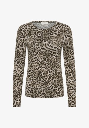 Top de manga larga con cuello redondo, estampado de leopardo en beige y marrón, ajuste entallado y tejido suave.