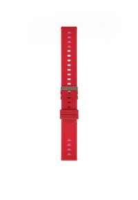 Correa de reloj de silicona roja con hebilla metálica plateada, que cuenta con múltiples agujeros para ajuste y un patrón de logotipos a lo largo de su longitud.