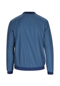 Giubbotto bomber blu con un motivo geometrico, scollatura rotonda e polsini a costine. Realizzato in tessuto liscio con un design leggero.