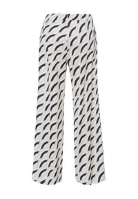 Pantalons larges en tissu léger avec une base blanche et des motifs ondulés noirs et gris. Ceinture élastique pour le confort.