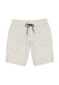 Striped linen shorts in light beige with black lines. Features an elastic waistband and front pockets, with a drawstring for adjustment.