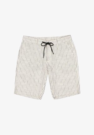 Gestreifte Leinenshorts in hellem Beige mit schwarzen Linien. Verfügt über einen elastischen Bund und Fronttaschen sowie eine Kordel zum Einstellen.